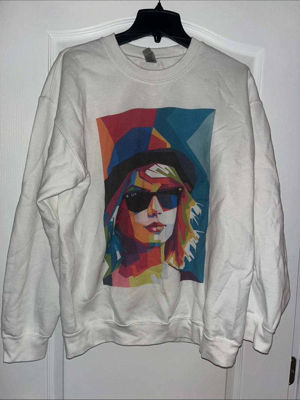 Taylor Swift Gildan White Sweatshirt with Red and Blue Pop Art Print